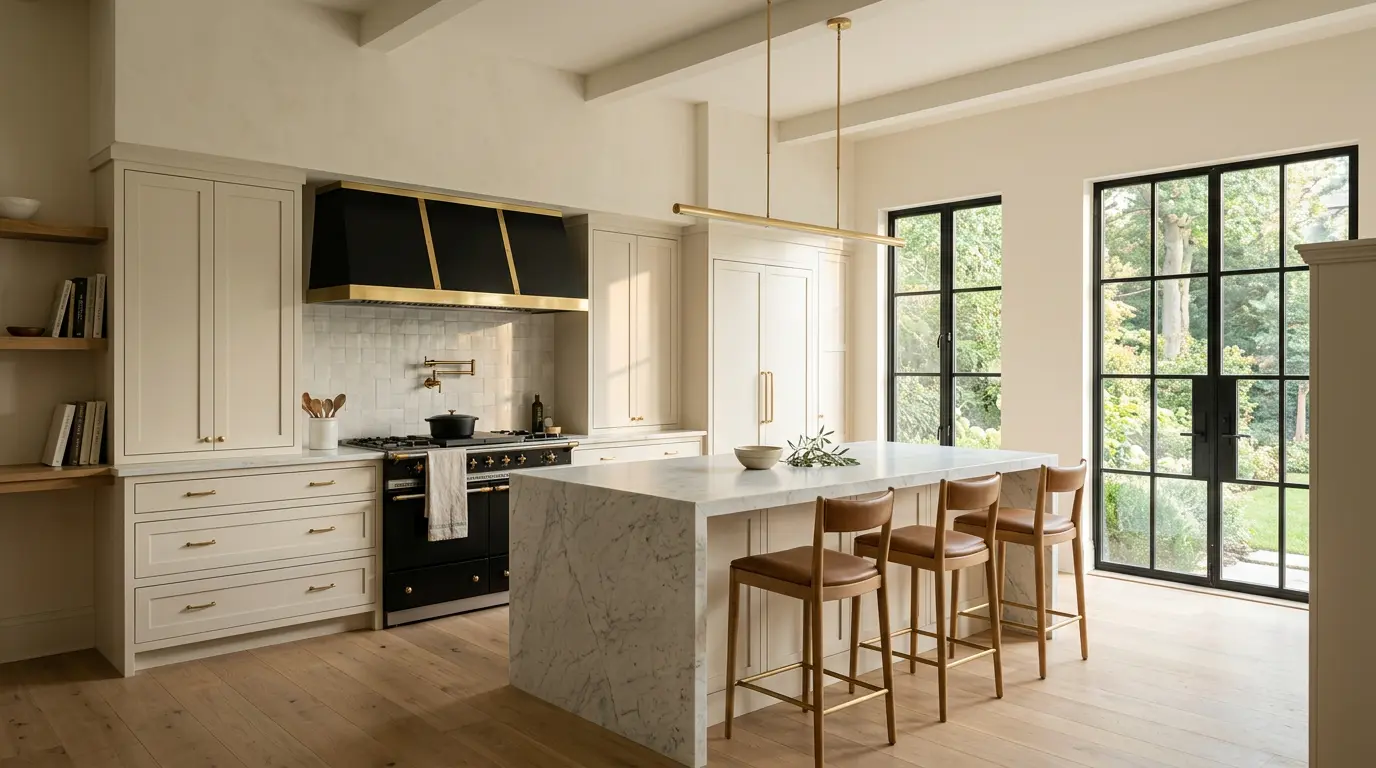 Renovated kitchen with marble island and black range hood