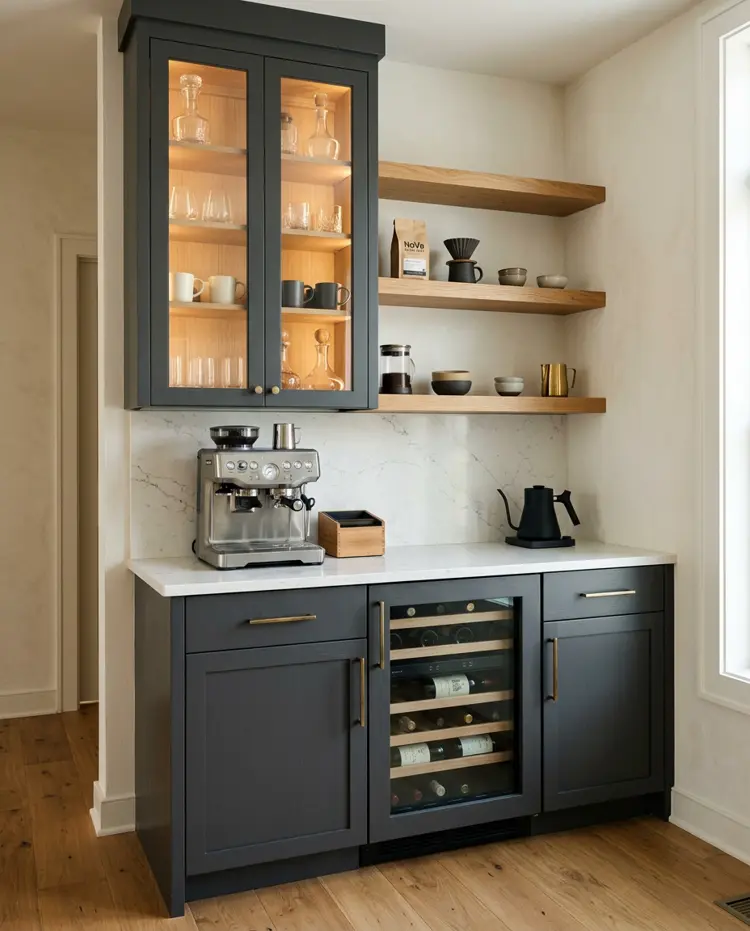 Charcoal cabinetry beverage bar with brass hardware, floating walnut shelves and built in wine storage