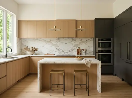 Finished kitchen with marble backsplash and double wall ovens