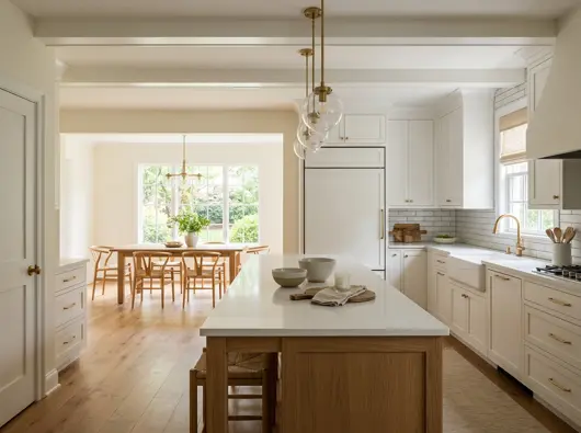 Renovated kitchen with island and pendant lighting