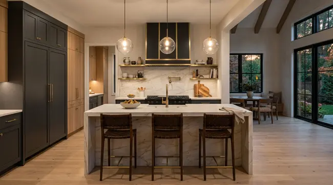 Luxury kitchen with marble island and black range hood with brass accents