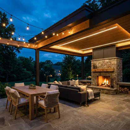 Outdoor living space lit in the evening